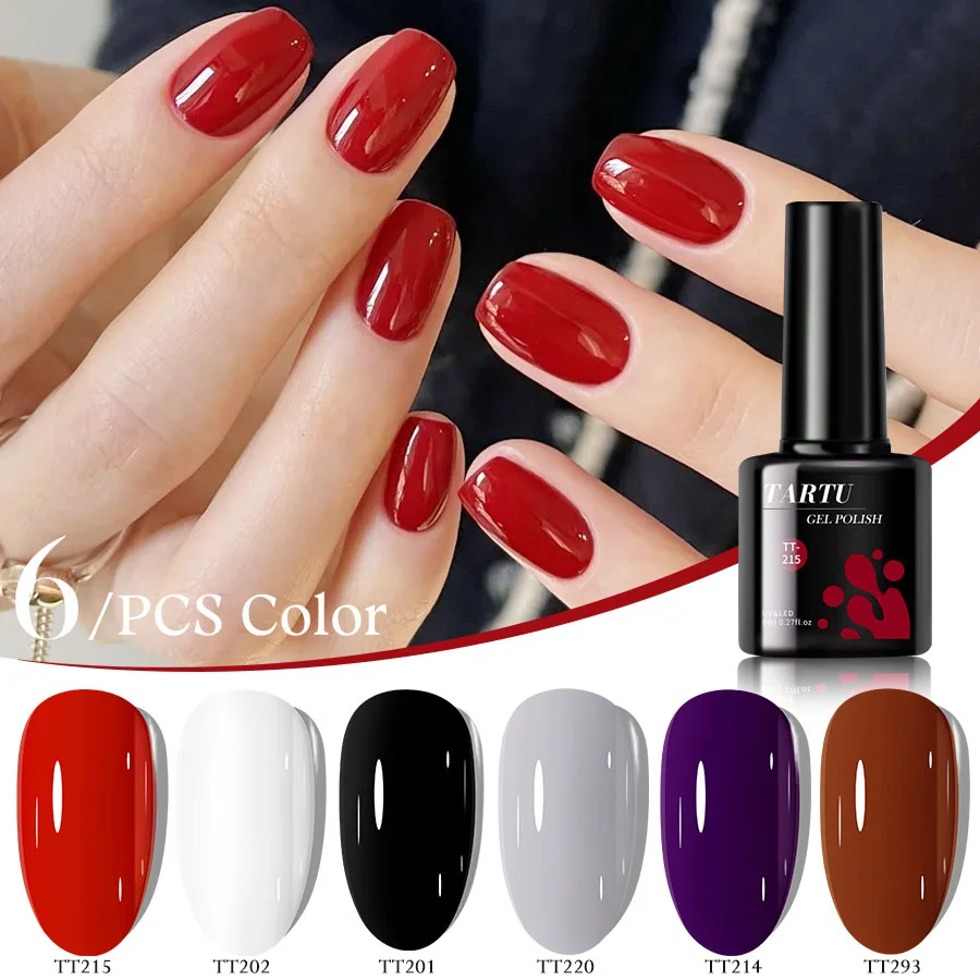 مجموعة طلاء أظافر جل لامعة مكونة من 6 ألوان تتضمن ألوان كاكي وأرجواني وأبيض وأحمر وبني وأزرق وأسود شبه دائمة