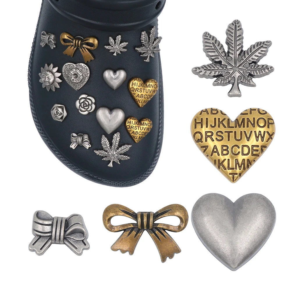 1 Pc Shoe Accessories クロクス Metal Punk Style Charm Gold Silver Leaves Butterfly Heart Shape Shoe Decorations Buckles