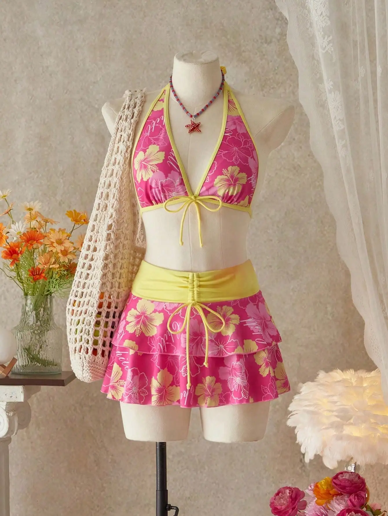 Pink Hibiscus Print Halter Top And Tiered Skirt Three Piece Swimsuit For Beach Or Festival Wear