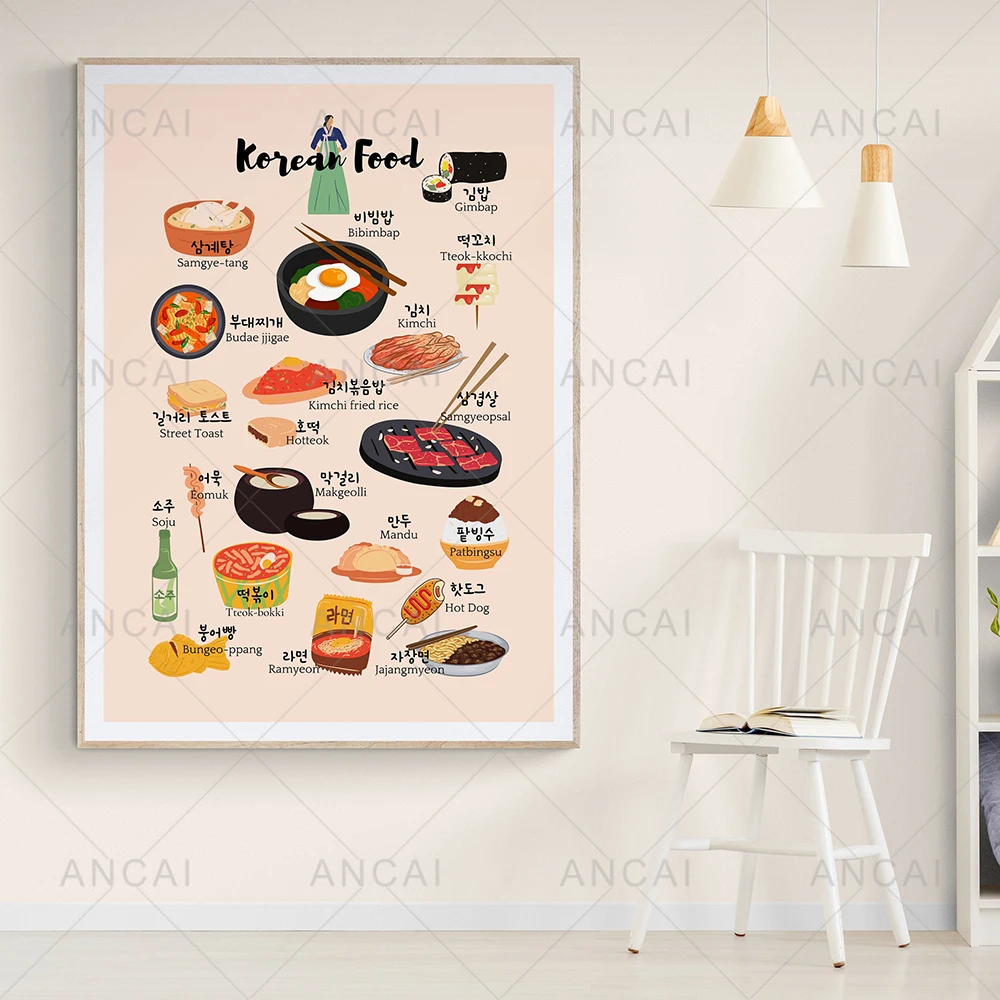 Printable Korean Food Poster Food&Drink Poster Food Home Canvas Painting Print Gift Idea Wall Picture for Living Room Decoration