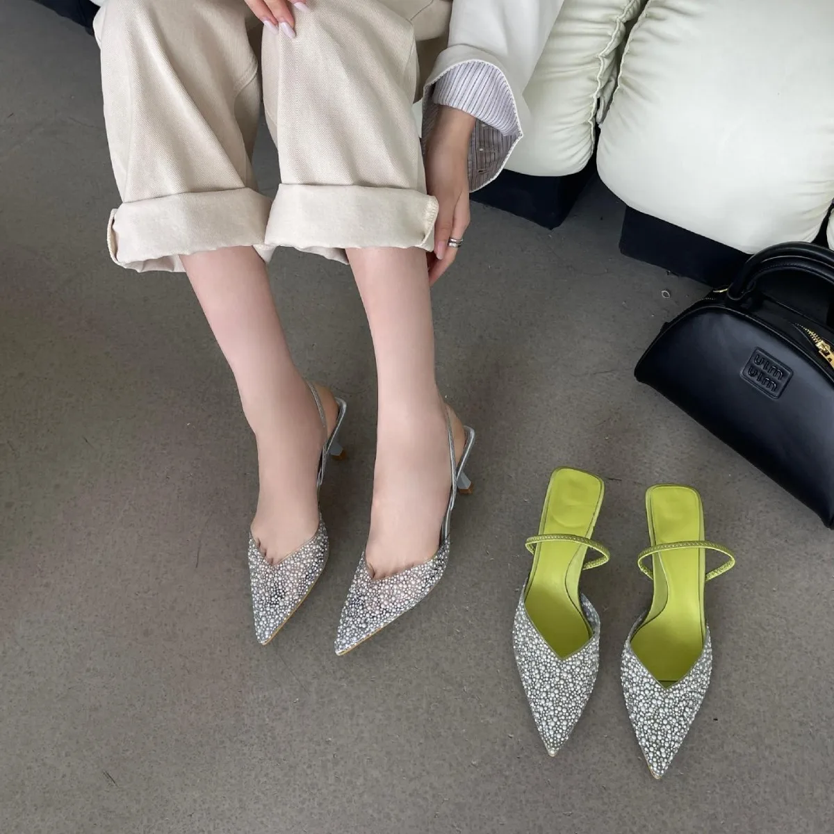 Female Shoes Thin Heels Cover Toe Low Heeled Mules Slippers Casual Slides 2024 High Luxury Soft PU Pumps Scandals Rome Fabric PV