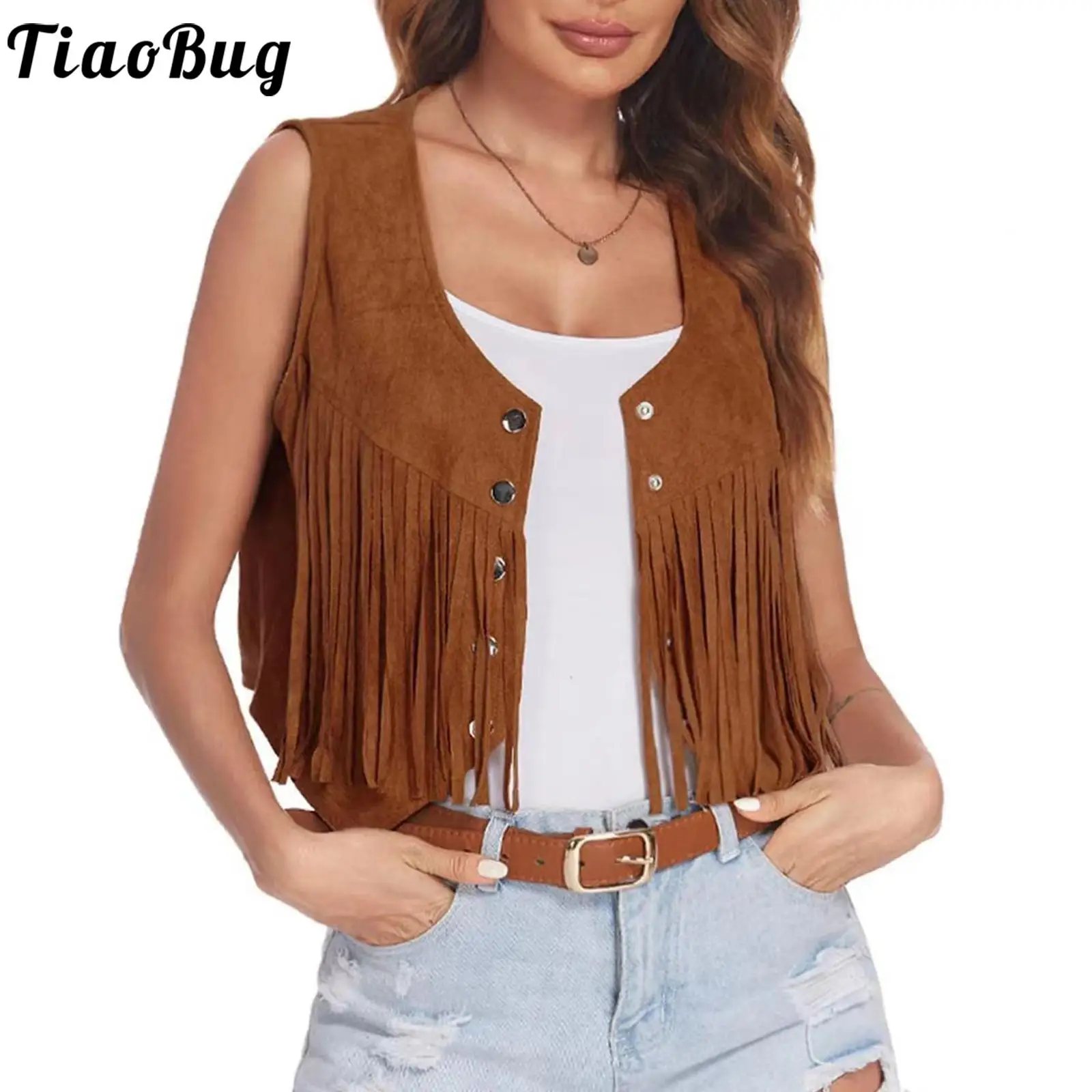 Womens Punk Vintage Fringe Vest Faux Suede Tassel Waistcoat Irregular Hem Sleeveless Jacket for Halloween Party Rock Concert