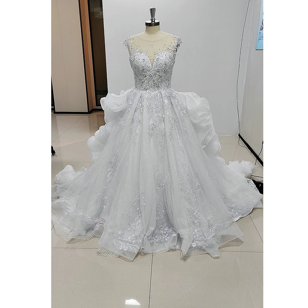 White Luxury Wedding Dress For Bridal Appliques Beading O-Neck Sleeveless Lace Up Luxury Gown Royal Train Elegant Women Tailor