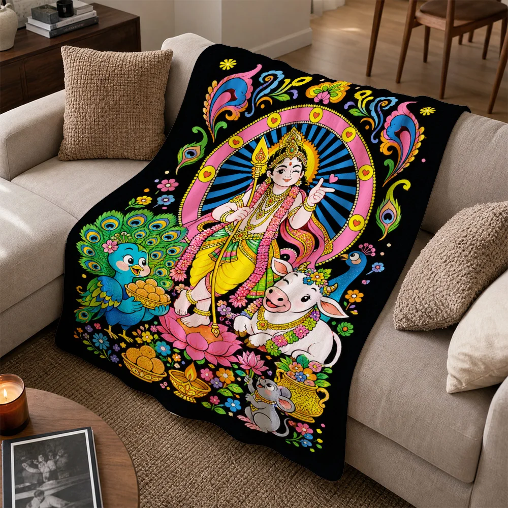 Multi-Colored Krishna Ganesha Mythological Sofa Throw Blanket Indian Tapestry Hindu Lord Art Decor Accent Cushion for Home