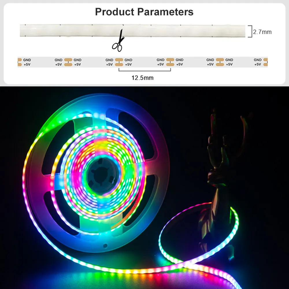 Imagem -04 - Cob Led Strip Lights Cob Ws2812b Ultra Estreito Endereçável Individualmente Rgb Flexível Luz de Pixel Colorida 160leds por m Pcb Branco dc 5v 27 mm