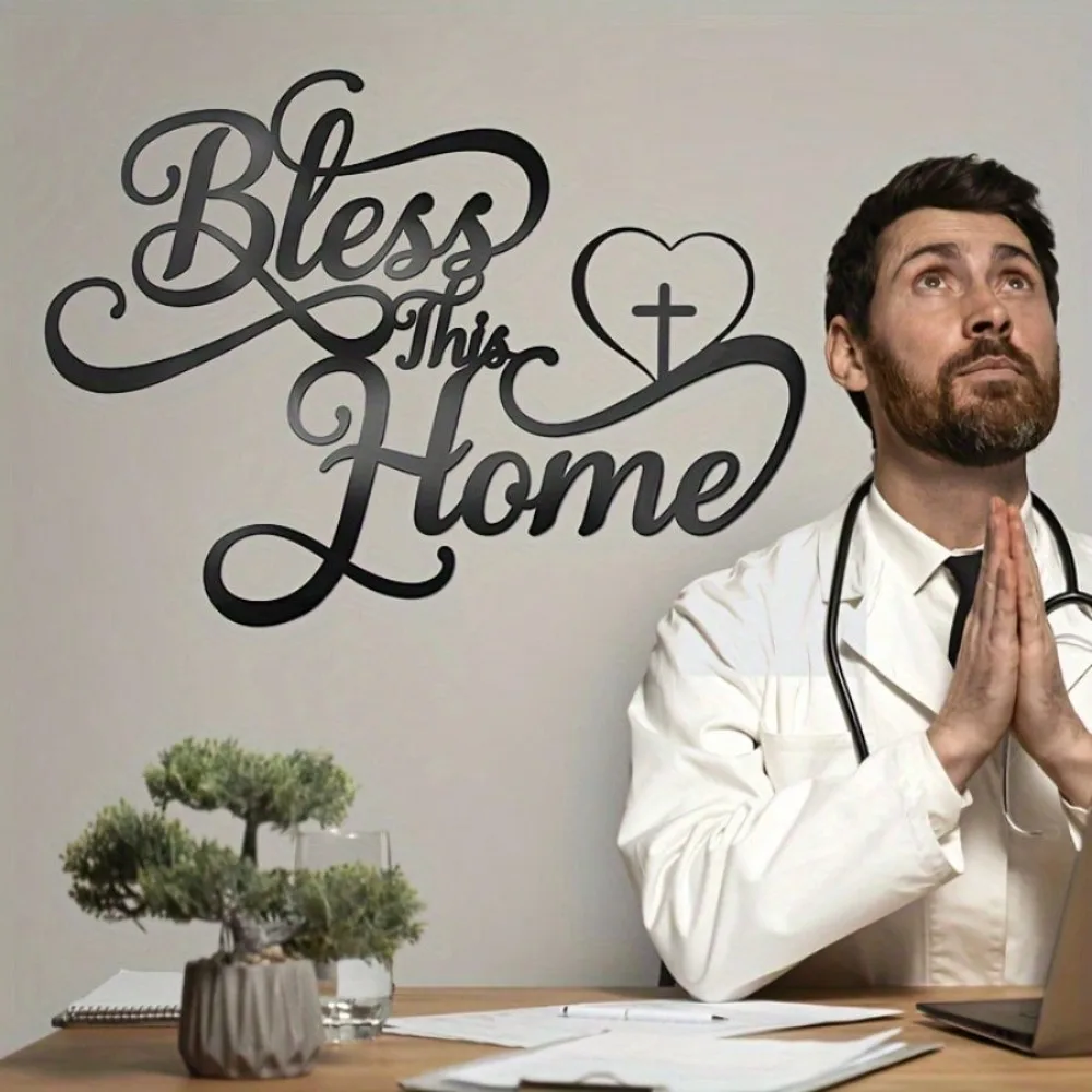 Metall-Wandkunst „Bless This Home“ mit Herz & Kreuz, einfach zu montierendes Metallschild für Wohnzimmer & Veranda