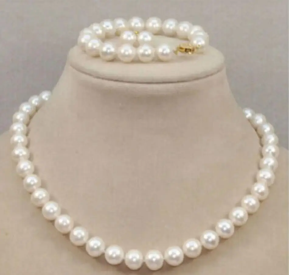 Hot selling pearl AAA 7-8mm round Akoya white pearl necklace 18 inch+earrings+bracelet 7.5-8in set 14kp gold