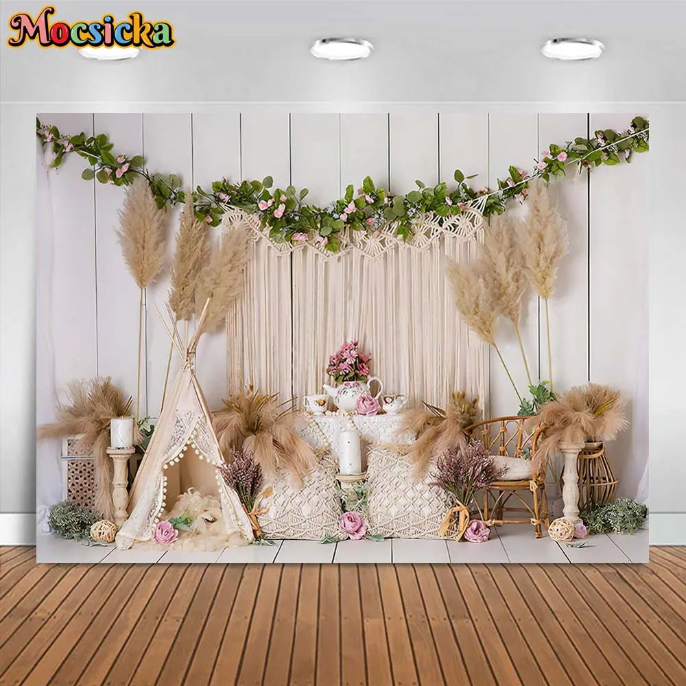 

Mocsicka Bohemian Child Newborn Photography Background Spring Flowers Girl Birthday Cake Smash Party Backdrop Photo Studio Props