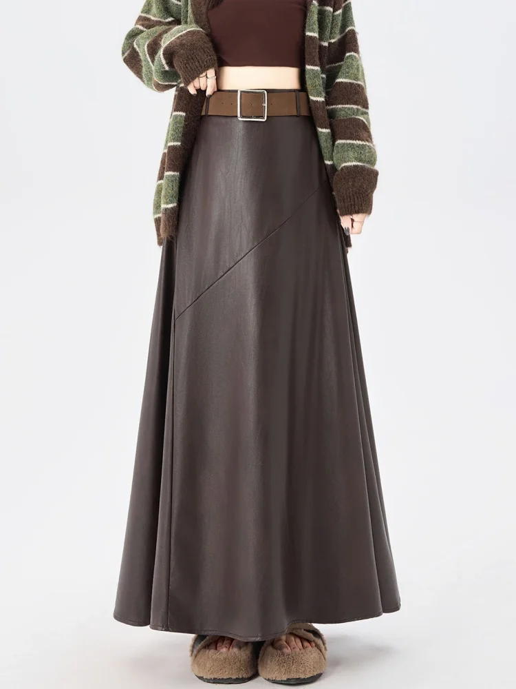 

Карамельная кожаная юбка А-силуэта с высокой талией, облегающая бедра, длинная юбка-солнце для женщин, осенне-зимняя новинка, удобная для повседневной носки