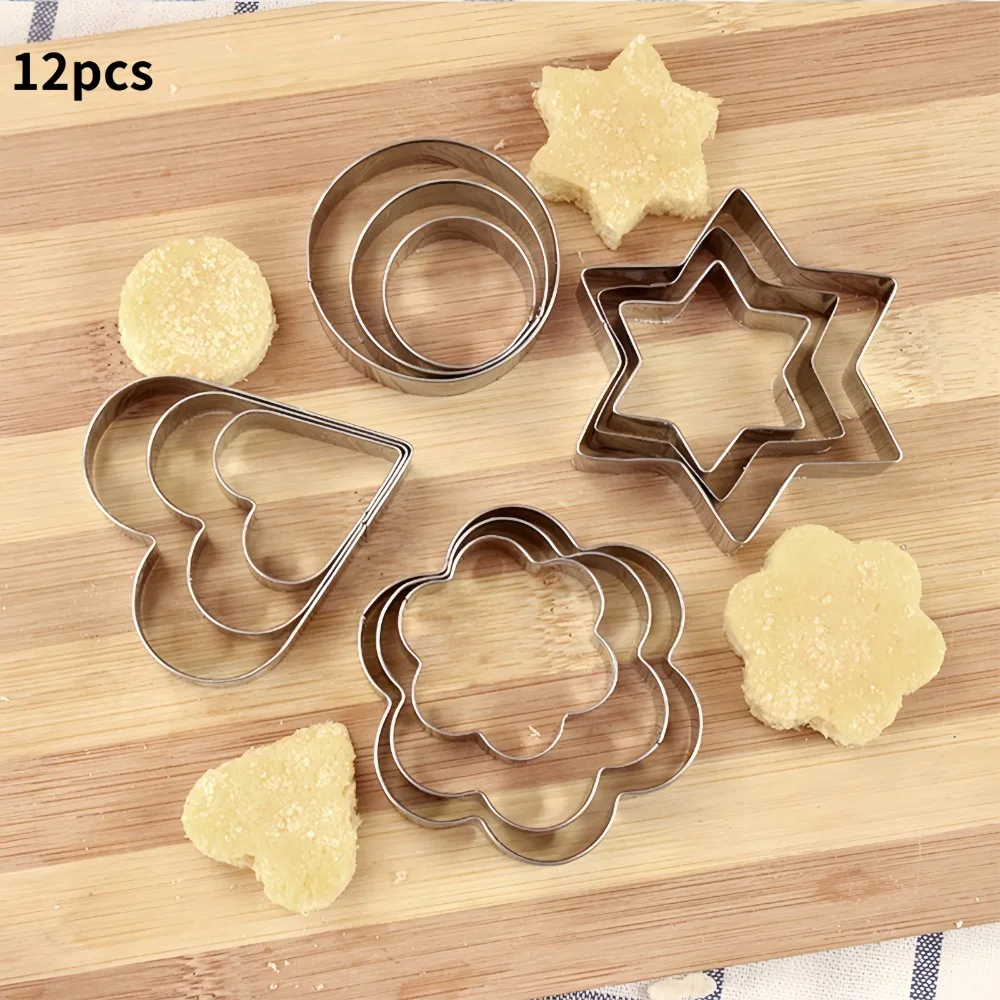 12-Piece Stainless Steel Cookie Cutter Set, Flower Circle Heart Star Shapes for Cakes Sandwiches, Baking Tool