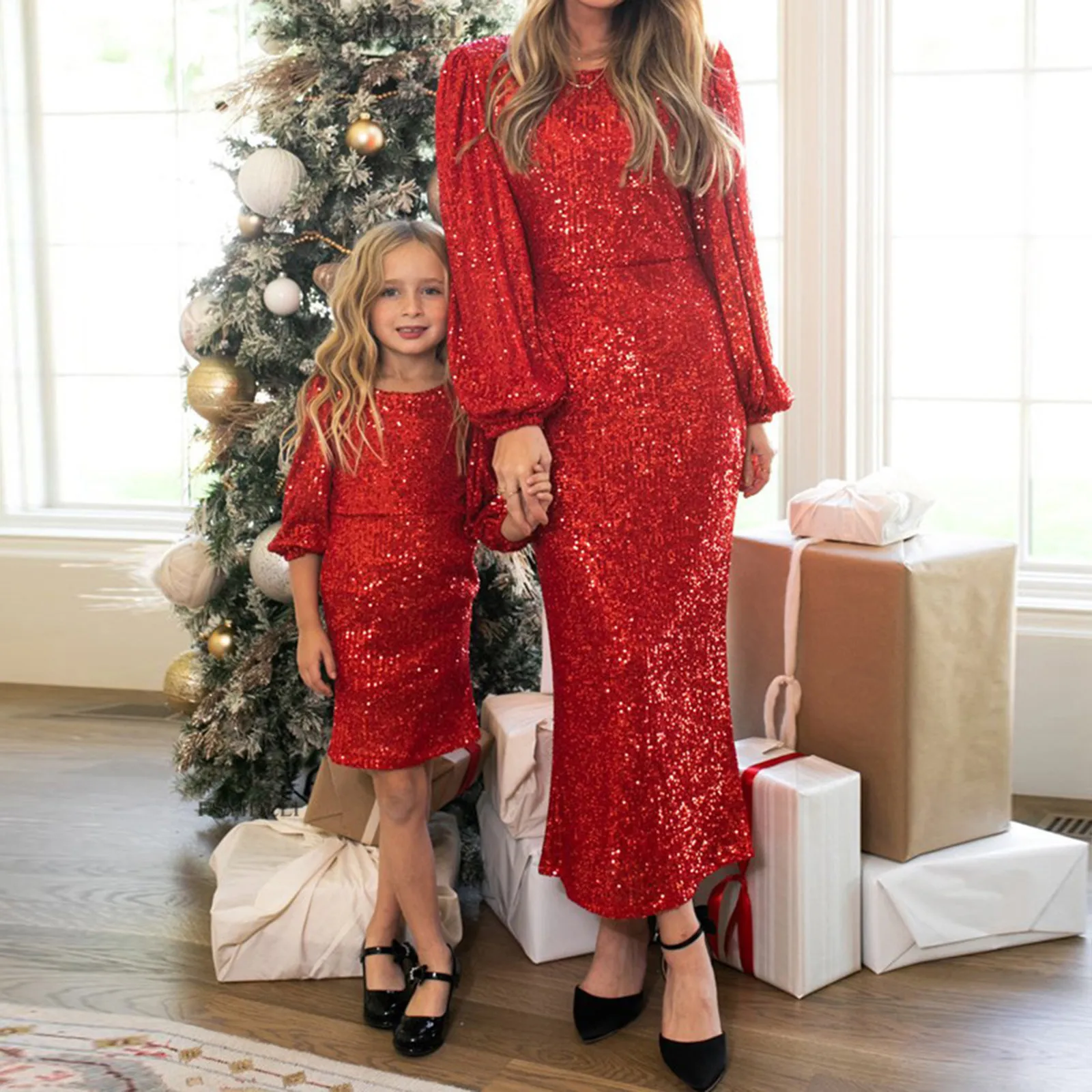 Women Baby Girls Sequins Slim Dress Fashion O-neck Long Sleeve Parent-child Outfit Mother Daughter Party Dress ibu anak bokep