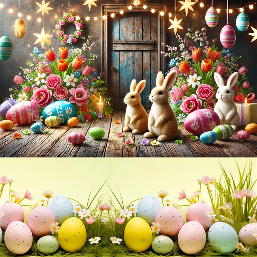 Happy Easter Backdrop Photography AI Scene Wooden House Flowers Rabbit Bunny Eggs Birthday Party Decor Baby Shower Background