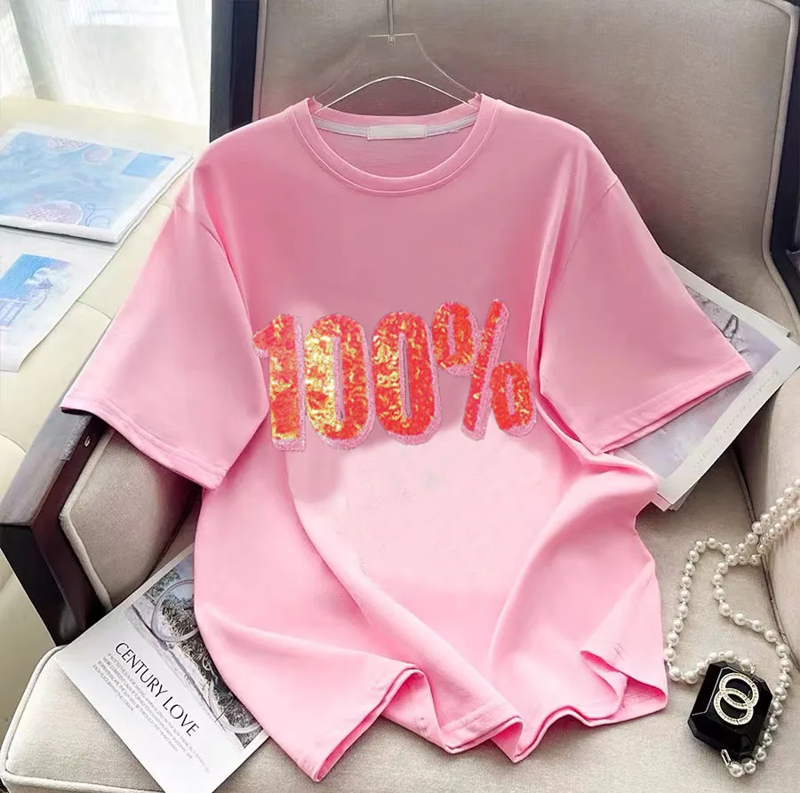 Cute Confidence Embroidery T Shirts Korean Brand High Quality Cotton Short Sleeve Kawaii Clothes Fashion Ladies Crystal Casual