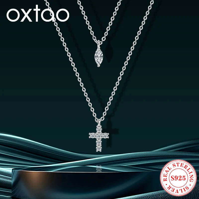 

OXTAO Double-layer Cross Necklace VVS1 Moissanite Marquise Cut For Man Woman 925 Sterling Silver Religion Necklaces Jewelry Gift