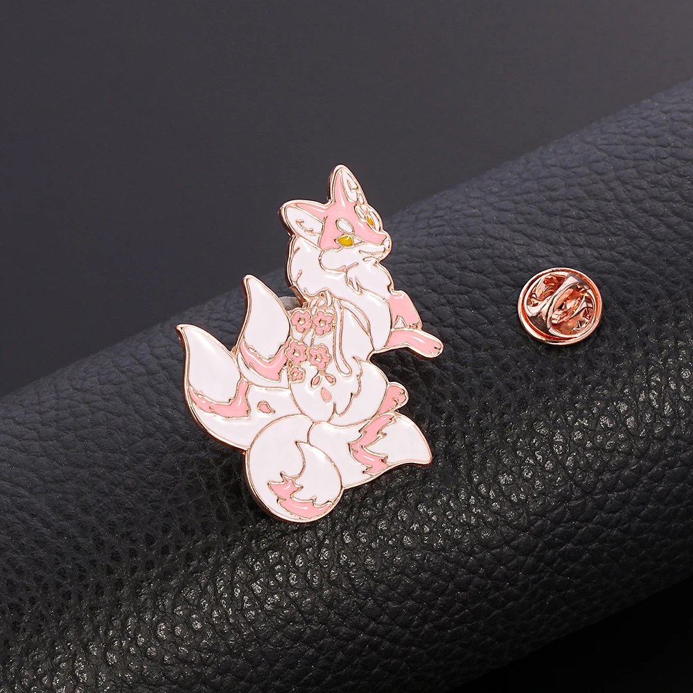 Sweet Pink Cherry Flower Fox Enamel Pin for Women Girls Lovely Bag Scarf Accessories