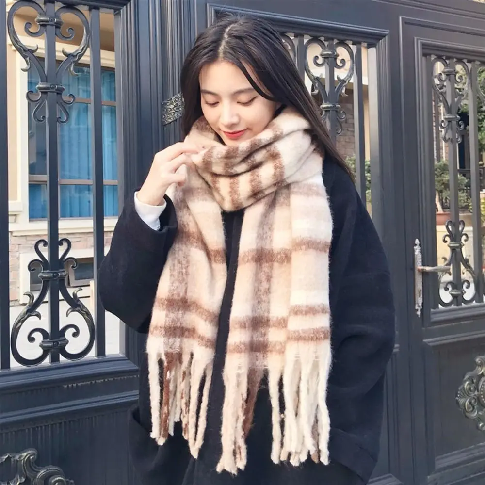 Versatile Cold Proof Women Mohair Plaid Scarf Windproof 240x40CM Warm Tassel Shawl Wrap Thermal Fall Winter Neck Scarf Girls