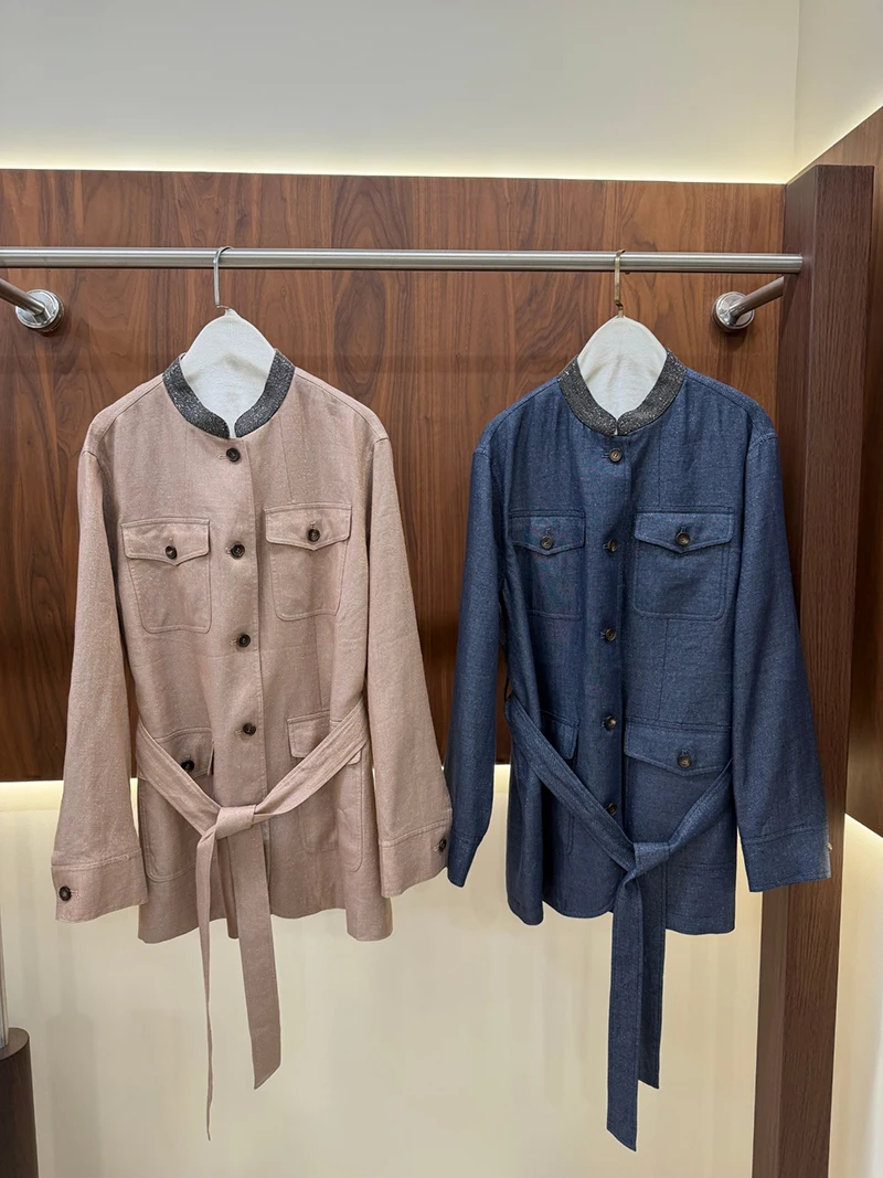 Casual Linen Matching Set Stand Collar Pocket Sash Jacket & Loose Bermuda Shorts for Women