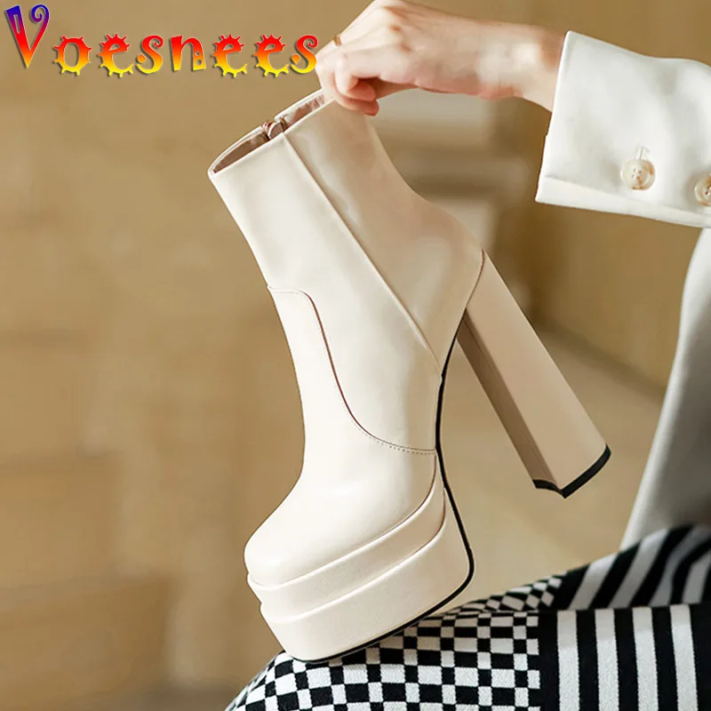 

Voesnees New Platform High Heels Short Boots Fashion Genuine Leather Women's Pumps Plus Size 14CM Sexy Party Thick Heel Shoes