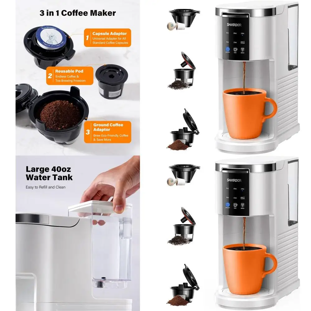 

Single Serve Coffee Maker for K-Cup Pods, Ground Coffee, and Teas, Brew Sizes 6-14 oz, 40 oz Reservoir, Compact Design, White