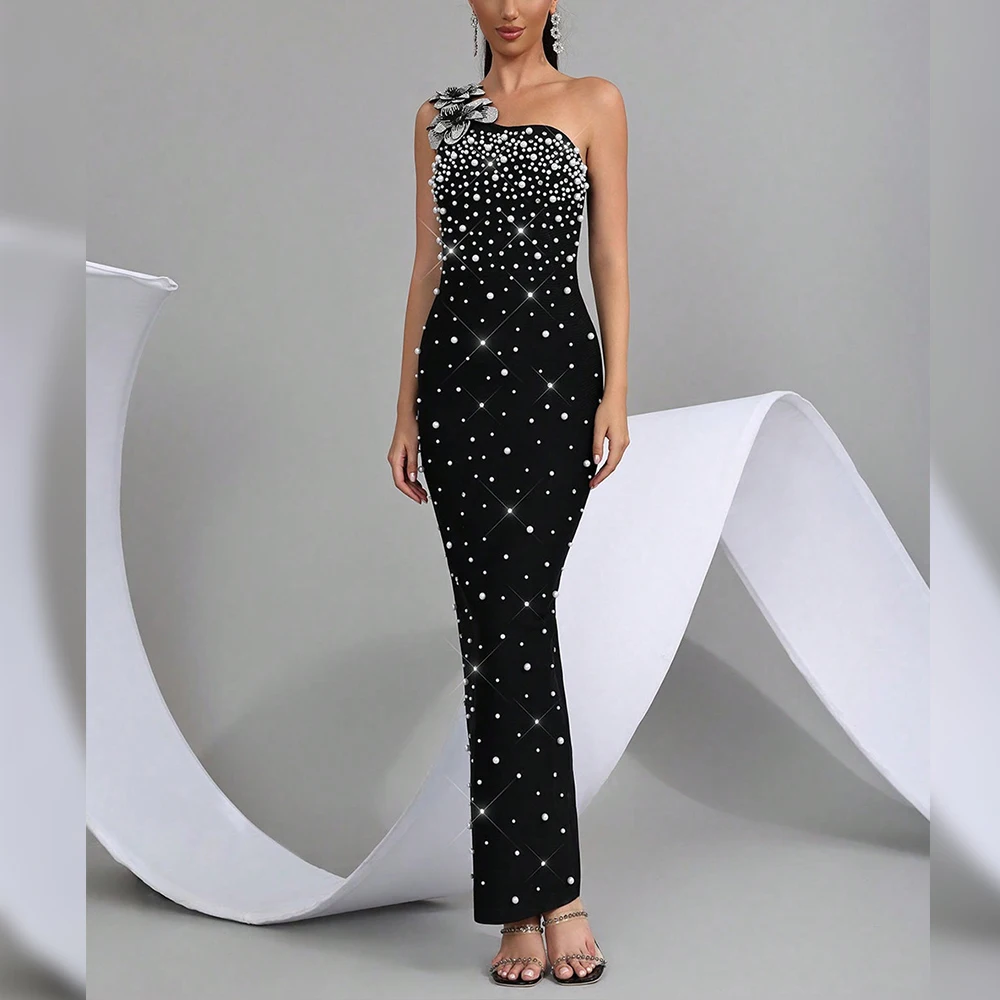 럭셔리 블랙 원숄더 비즈 꽃 장식 이브닝 가운 풀 펄 슬리브리스 바디콘 머메이드 롱 드레스 (웨딩 게스트 파티용)