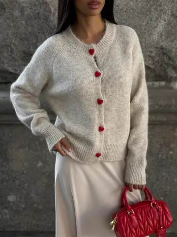 DGLUKE Rund halsad stickad kofta för kvinnor Långärmad fluffig kashmirtröja höst vinter genomknappad koftor koreansk 8 best sales fluffig kofta - №2