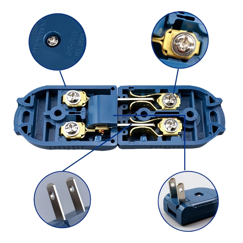 1-10PCS JHD-2201 US NEMA Plug 10A 250V 2 Pin Assembled Rewirable American Power Plug For Japan US AC Electrical Wiring Connector