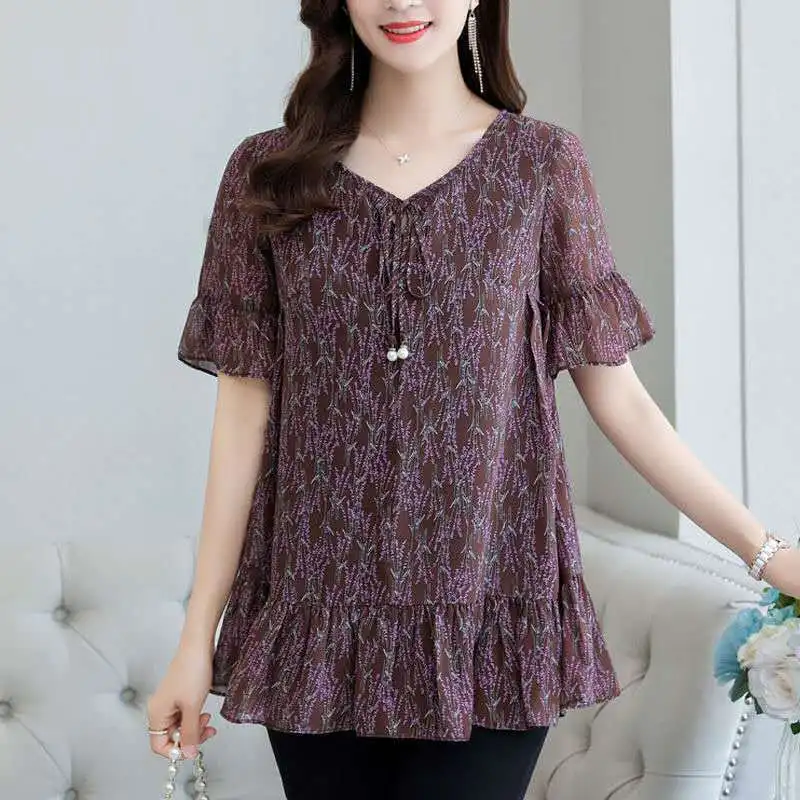 

2024 Women's New Summer Printed V-Neck Tie Up Spliced Elegant Casual Short Sleeve Medium Length Floral Commuter Chiffon Tops