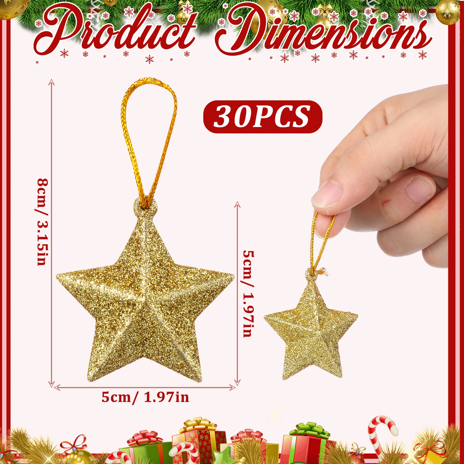30Pcs Christmas Tree Glitter Star Pendants Hanging Five-Pointed Star Ornaments Festival Xmas Tree Decorations Ornaments