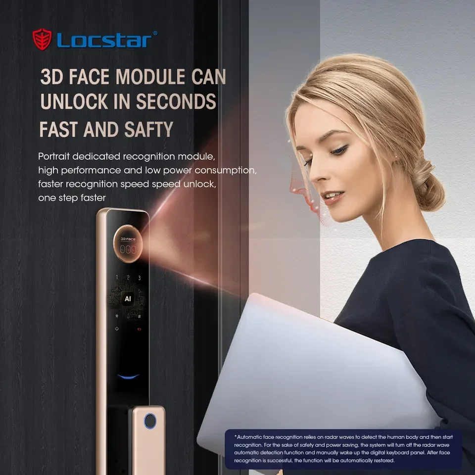 Locstar, alta calidad, aplicación TTlock, reconocimiento facial, tarjeta de código de huella digital, cerradura de puerta inteligente Digital para puerta delantera