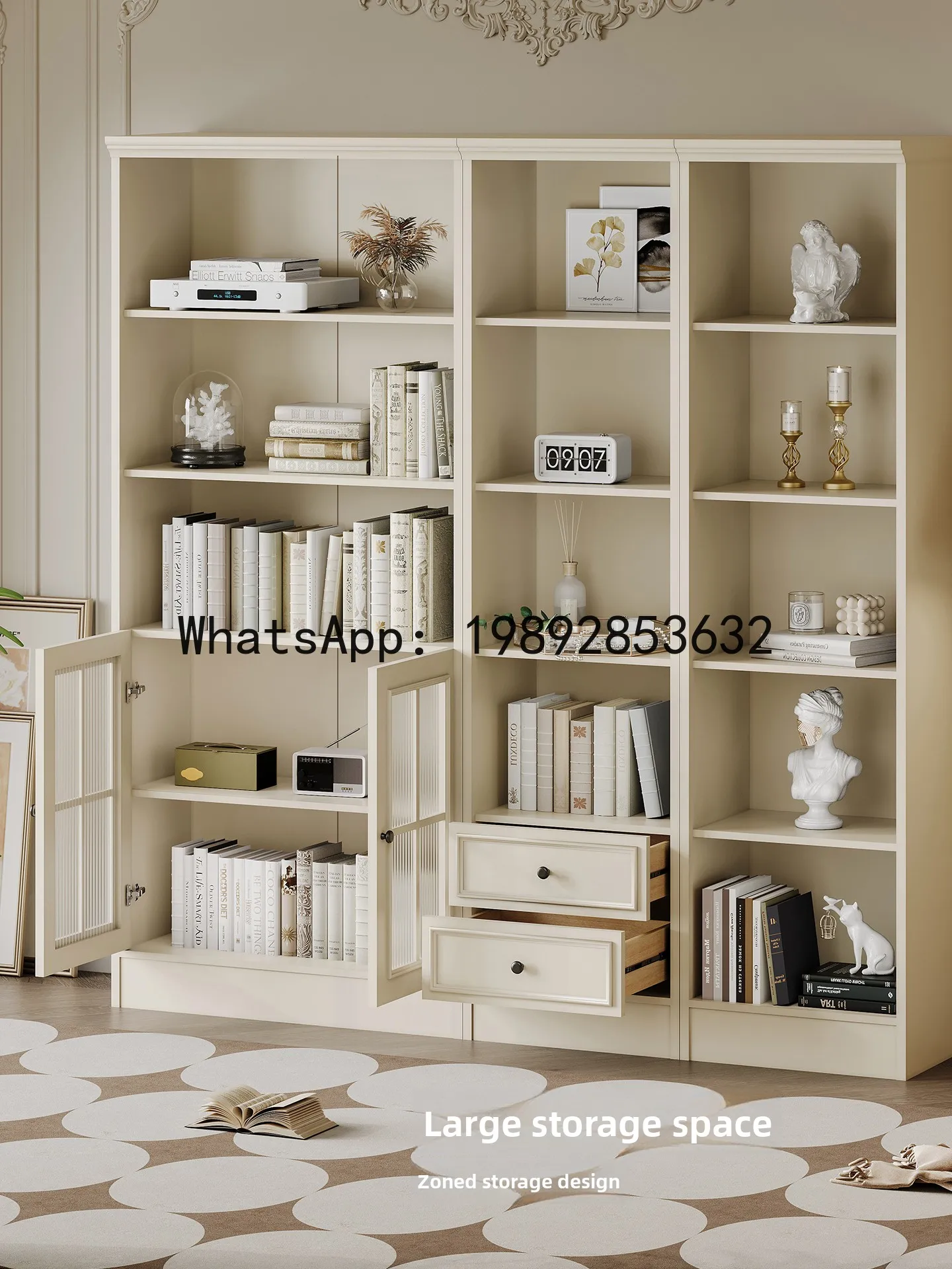 YFY American Simple Modern White Solid Wood Bookcase Home Study Bookshelf French Cream Style Bookcase