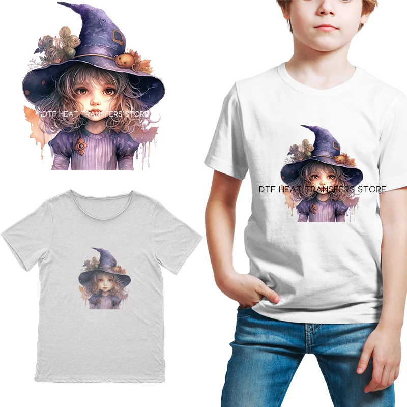 Watercolor Magic Pumpkin Witch Pattern Heat-sensitive Patches Application Stripes on Kids Clothes ironing Printing