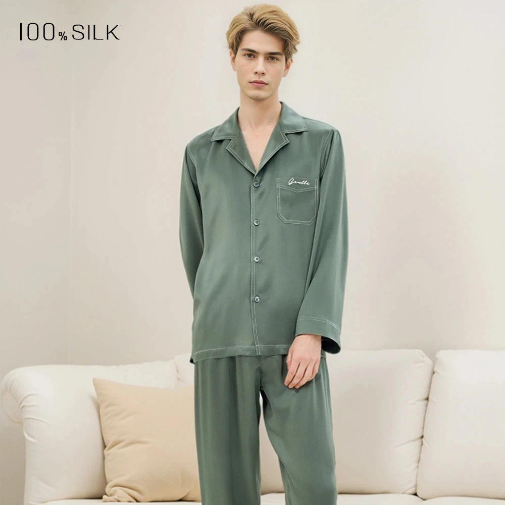 Men's 100% Mulberry Silk Pajamas Set Spring Summer Cool Feeling 2 Piece Comfortable Loungewear Outfit