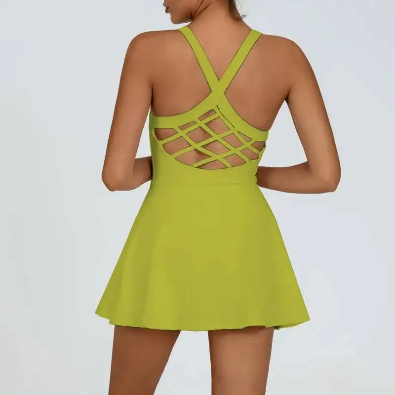 

Women Tennis Dress One Pieces Slim Fit Soft Sports Sets Golf Badminton Skorts Back Cross Tracksuits With Chest Pads Yoga Suits