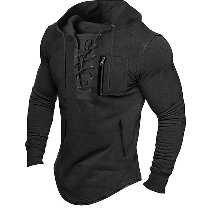 2024 Men Autumn Spring Top Lace Up Drawstring Solid Color Long Sleeve Zipper Pockets Pullover Streetwear Men Mid Length Hoodie