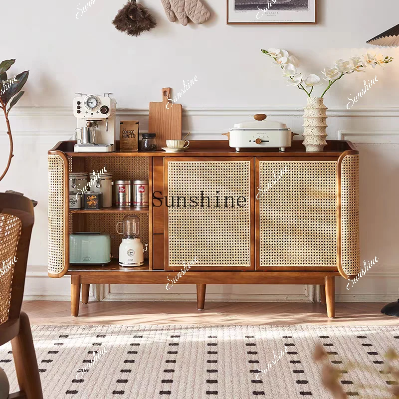 Solid wood dining side retro simple modern rattan storage bed and breakfast living room bedroom integrated wall storage cabinet