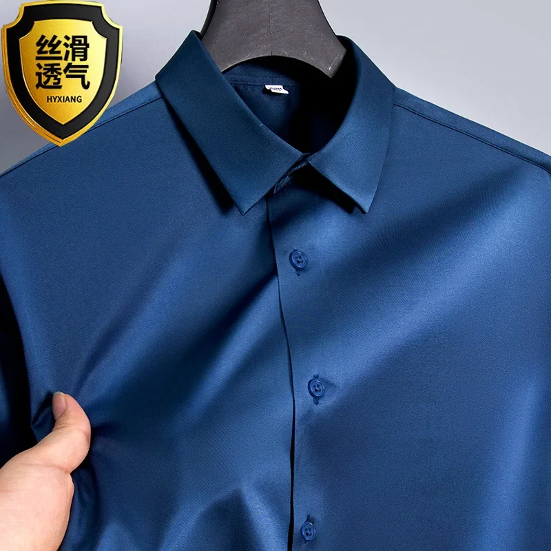 Zomershirt, wit glanzend strijkvrij herenoverhemd, heren kreukbestendig ijszijde casual high-end naadloos zakelijk overhemd