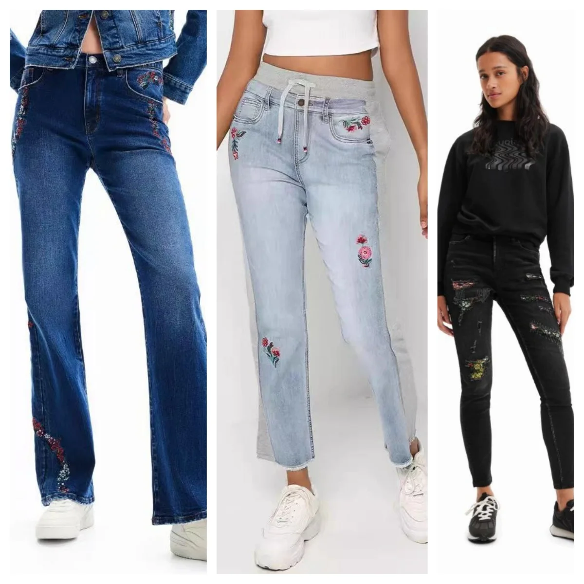 Jeans de perna reta para mulheres, bordado estampado, calça única original, moda espanhola, venda quente, comércio exterior