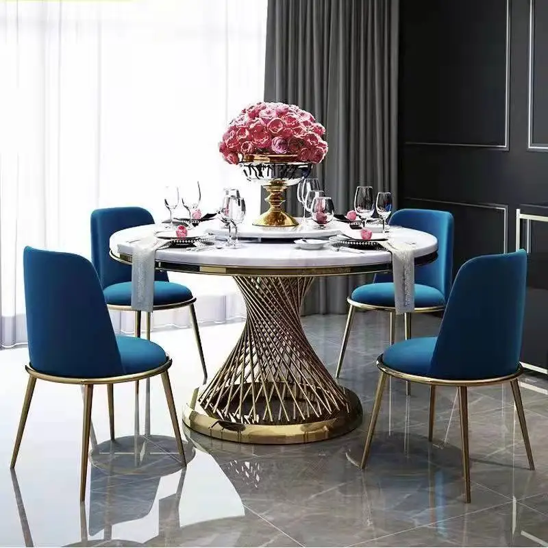 

Rectangle Furniture Dining Table and Chair Set Marble Tabletop Stainless Steel Round Base
