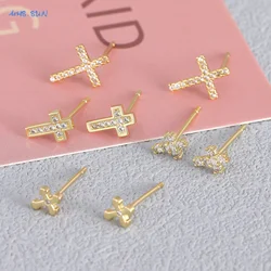 MHS.SUN Simple Full Zircon Cross Stud Earrings for Women Korean AAA CZ Gold Color Small Piercing Earring Jewelry Party Gift