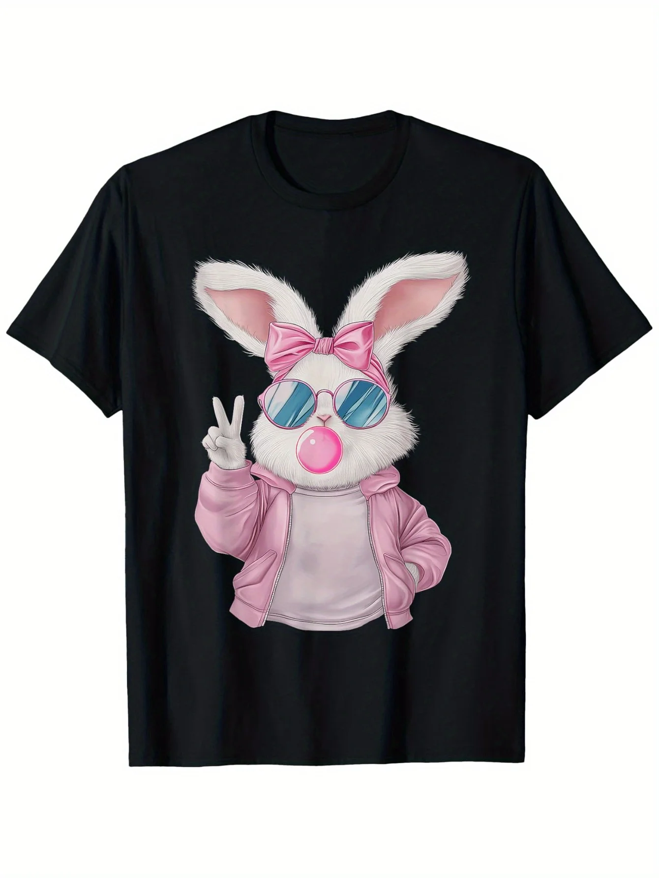 

Cool Bunny Graphic Tee with Pink Bow Sunglasses Blowing Bubble Summer Vacation T-Shirt