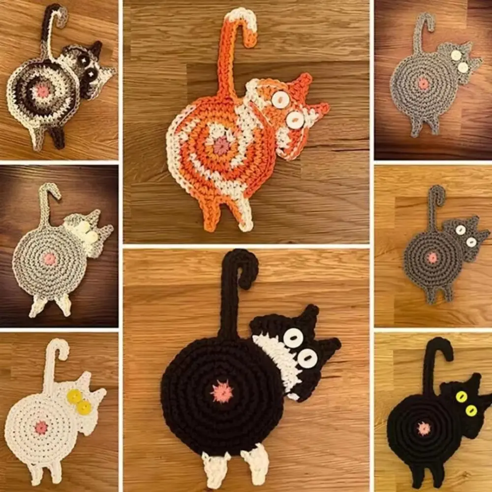 Cute Cat Butt Coasters Non-Slip Heat-Resistant Mug Coaster Easy To Clean Knitted Cute Cat Coasters Desktop Decoration