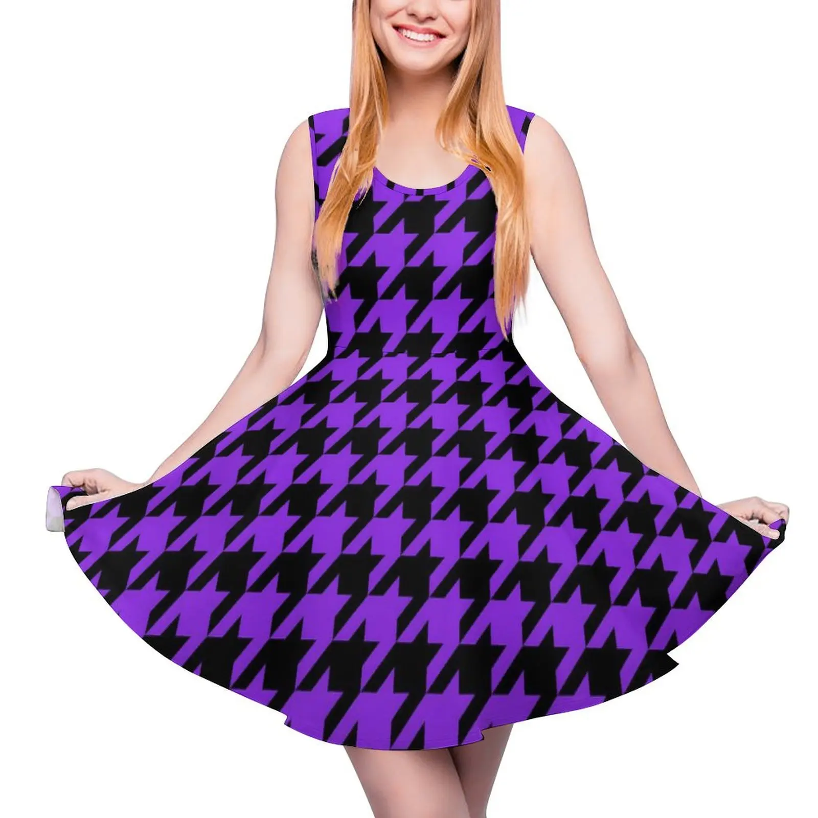 Vestido Vintage de pata de gallo para mujer, traje morado y negro sin mangas, moda coreana, estampado, Idea de regalo