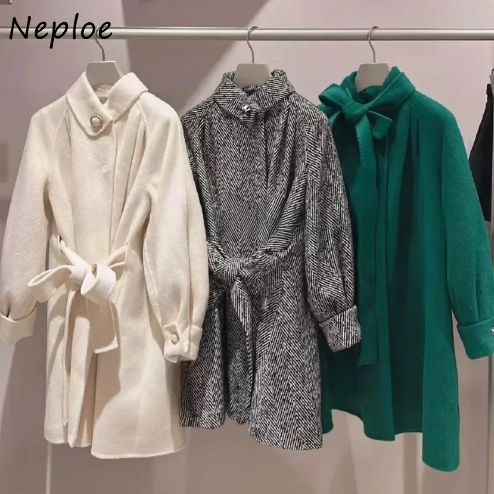 Neploe Moda Harajuku Stand Collar Lantern Sleeve Blend Sweet Vintage Lace Up Women Coat Japan Wool Plaid Commuter Jacket Mujer