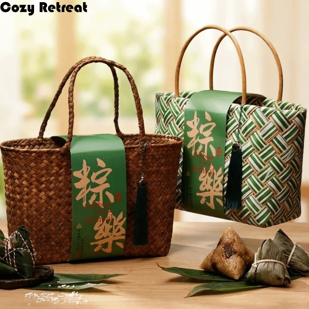 Caja de embalaje de bambú para Zongzi, cesta de almacenamiento tejida a mano de estilo chino, bolsa de compras ecológica, Festival de mediados de otoño