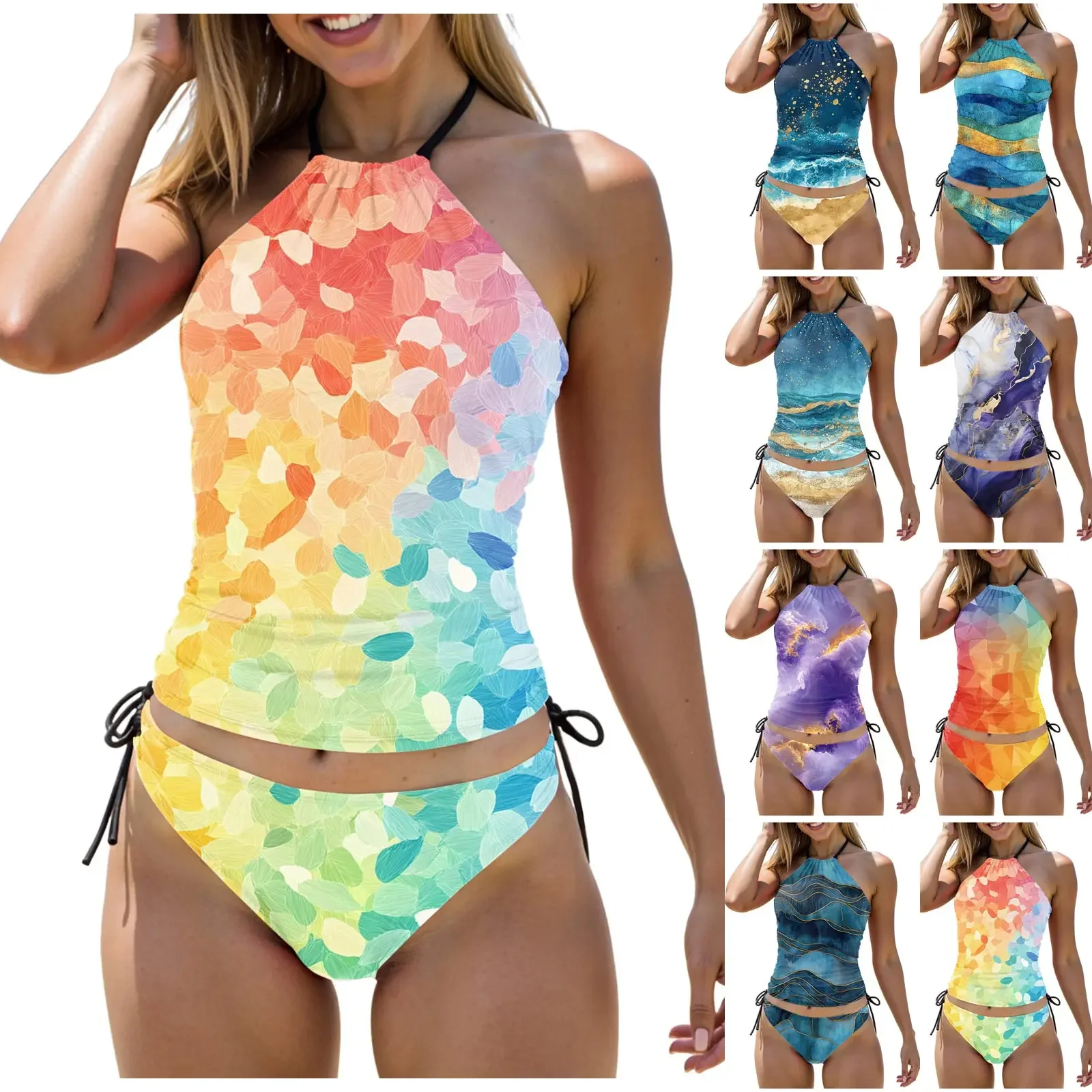 Costume da bagno tankini con stampa balneare da donna, bretelle bohémien senza schienale, pantaloncini con coulisse laterale, costumi da bagno conservatori per le vacanze