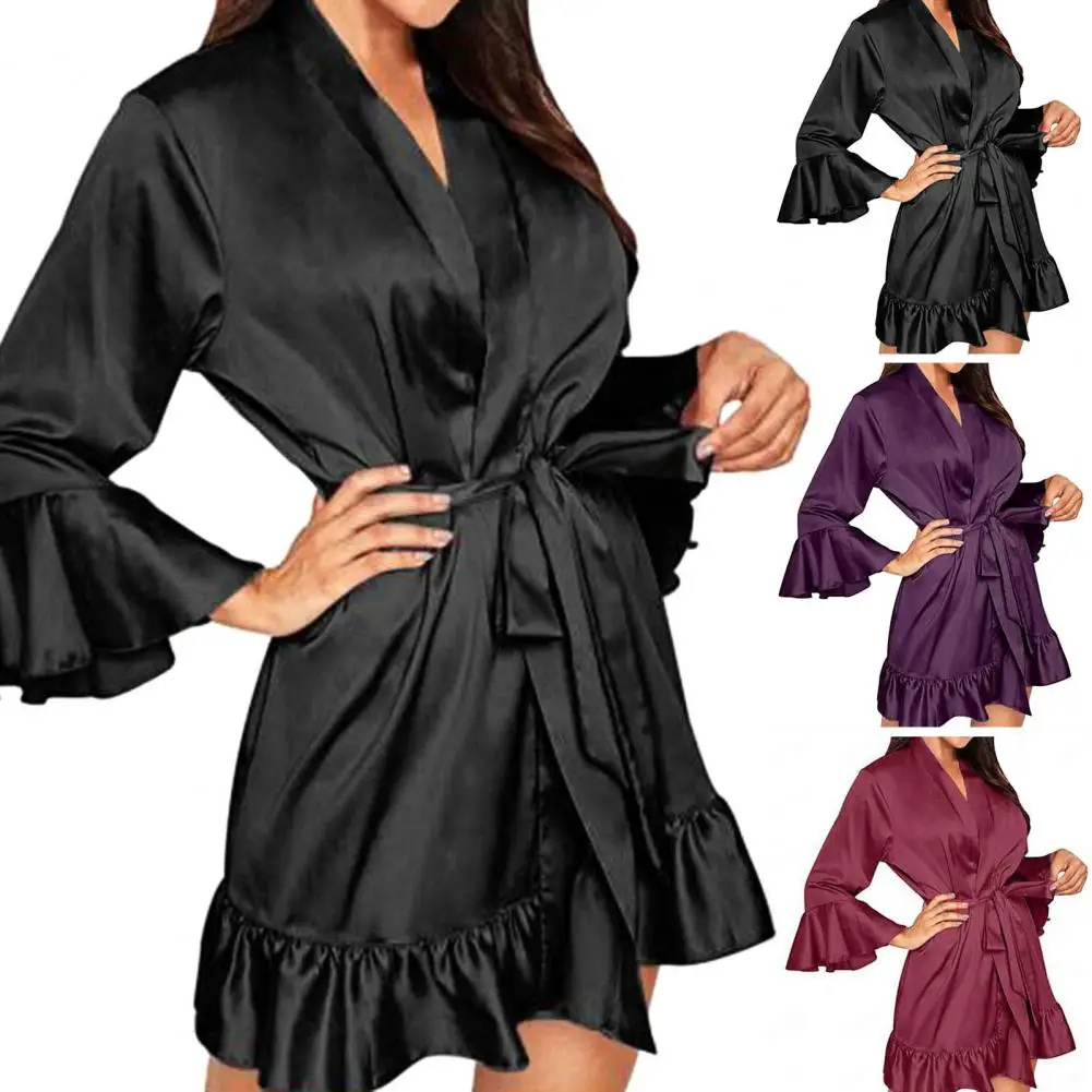 

Satin Women Pajamas Sleeping Robes High Waist V Neck Women Nightdress Long Sleeves Ruffle Lace Up Lady Sleeping Gown Sleepwear