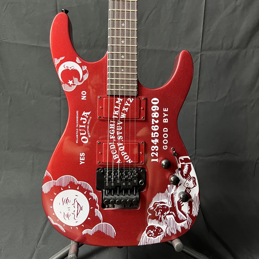 Red Color Kirk Hammett Ouija Electric Guitar, Solid Body With Personality Patterm Cover,Black Hardware,Free Shipping