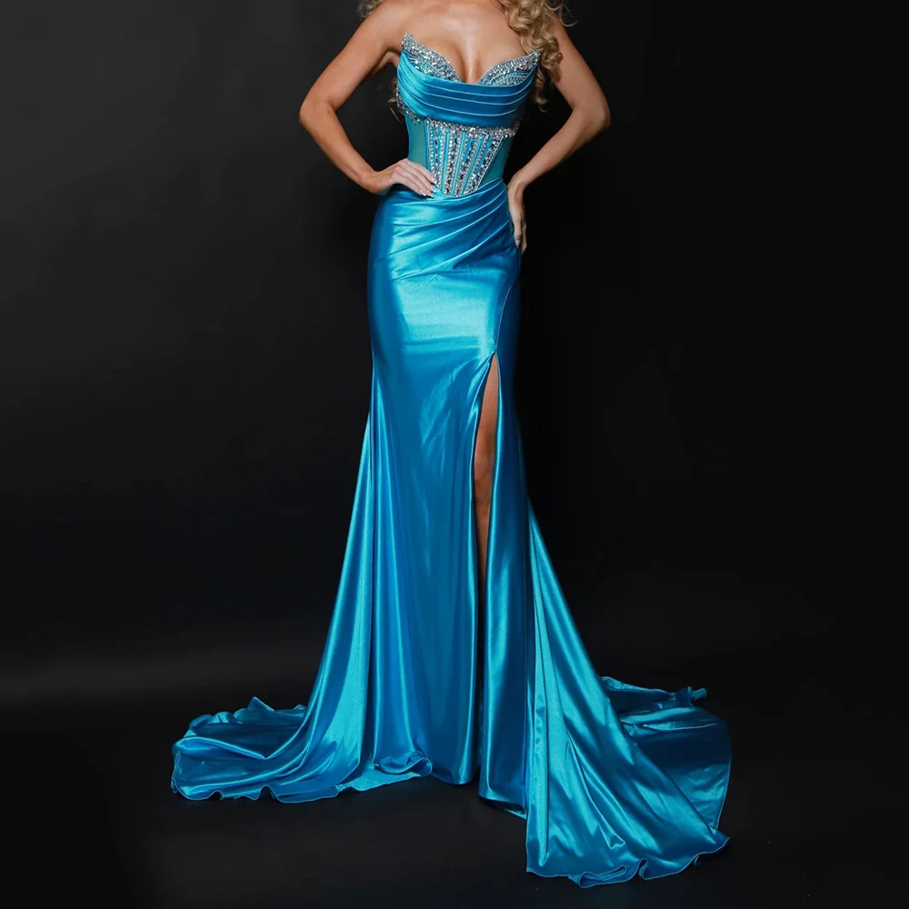 

Вечерние платья русалки по индивидуальному заказу, длиной до пола, без бретелек, без рукавов, платье для выпускного вечера, модное простое драпированное вечернее платье со складками и кристаллами