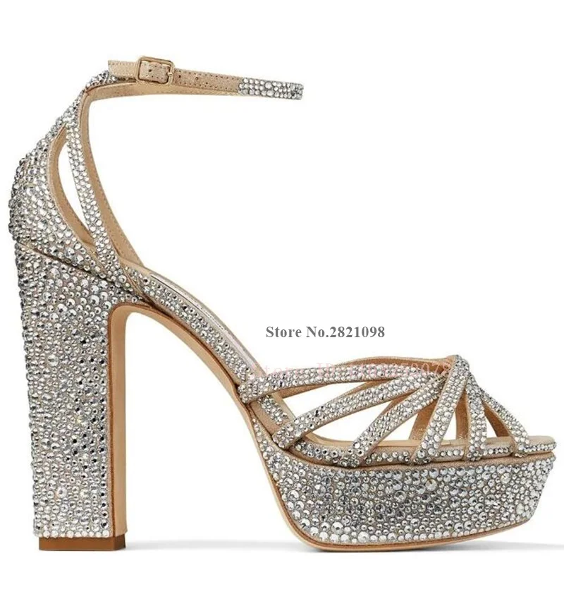 120Mm Studded Platform Sandals Silver Tone Suede Leather Crystal Ankle Wrap Decor Open Toe Summer Dress Shoes