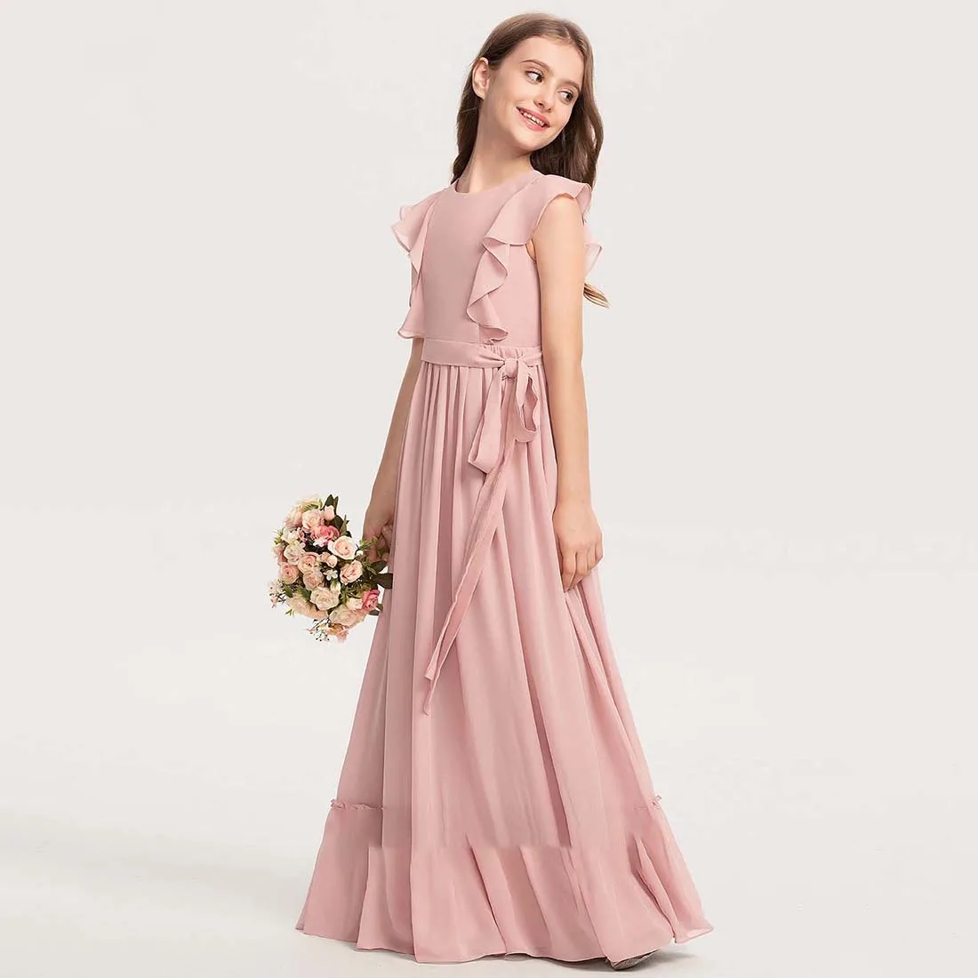 YZYmanualroom Chiffon Junior Bridesmaid Dress With Bow Cascading Ruffles A-line Scoop Floor-Length 2-15T